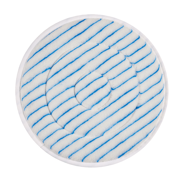 O Kiehl Microfaserpad da Johannes Kiehl KG é uma almofada de limpeza redonda, branca com listras diagonais azuis e padrão espiral, finalizada com uma borda branca fina - ideal para a limpeza profissional, ilustrada sobre um fundo branco simples.