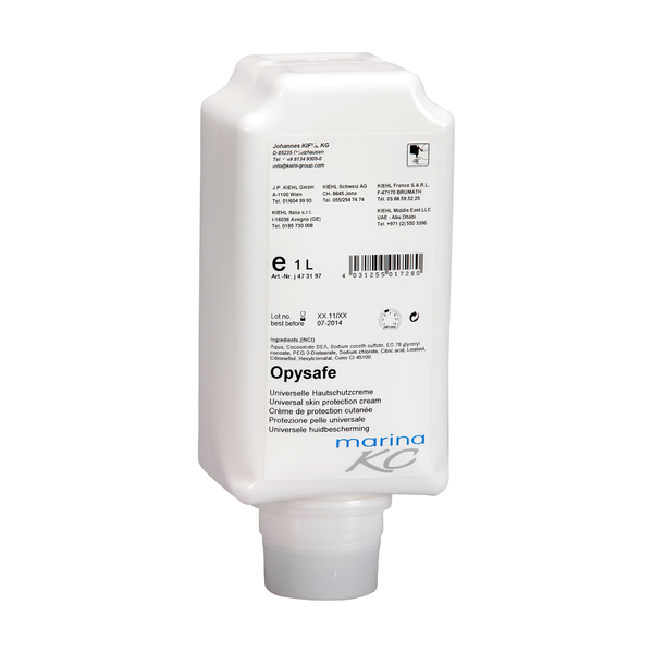 Uma garrafa de plástico branca de 1 litro de loção universal de proteção da pele Kiehl Opysafe da Johannes Kiehl KG, com marcação detalhada no rótulo e um bico inferior para fácil extração.