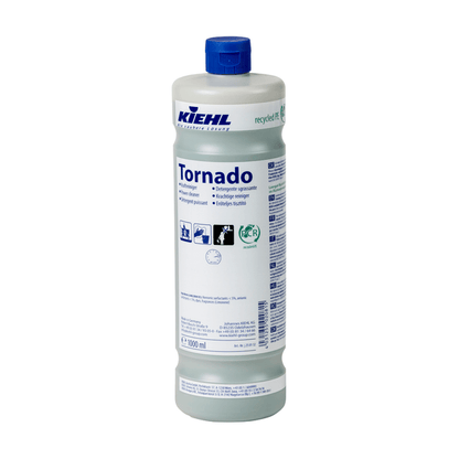 Garrafa de plástico branca de 1L do Kiehl Tornado Kraftreiniger da Johannes Kiehl KG com tampa azul e informações do produto, bem como certificação ecológica em letras azuis, ideal para a limpeza industrial.