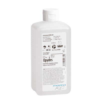 Garrafa de plástico branca de 500 ml Kiehl Opydes Higiene Desinfecção das Mãos da Johannes Kiehl KG com tampa branca e rótulo com instruções de uso, informações de dosagem, informações do fabricante e logotipos de certificação.