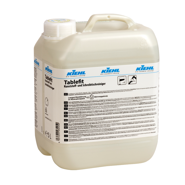 Um recipiente de plástico branco de 5 litros do limpador de plástico e mesa Kiehl Tablefit da Johannes Kiehl KG com uma tampa de rosca e um grande rótulo de produto com texto em alemão e vários símbolos.