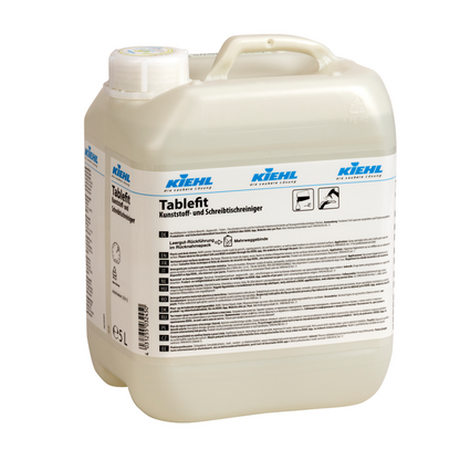 Um recipiente de plástico branco de 5 litros do limpador de plástico e mesa Kiehl Tablefit da Johannes Kiehl KG com uma tampa de rosca e um grande rótulo de produto com texto em alemão e vários símbolos.