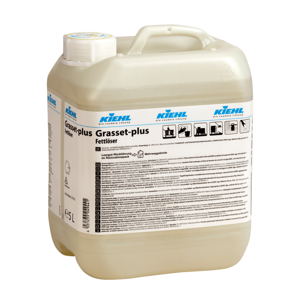 Um recipiente de plástico de 10 litros do Kiehl Grasset-plus Desengordurante da Johannes Kiehl KG, um desengordurante e limpador eficaz para todas as superfícies, com tampa de rosca branca e um rótulo com informações do produto, instruções e símbolos de segurança.