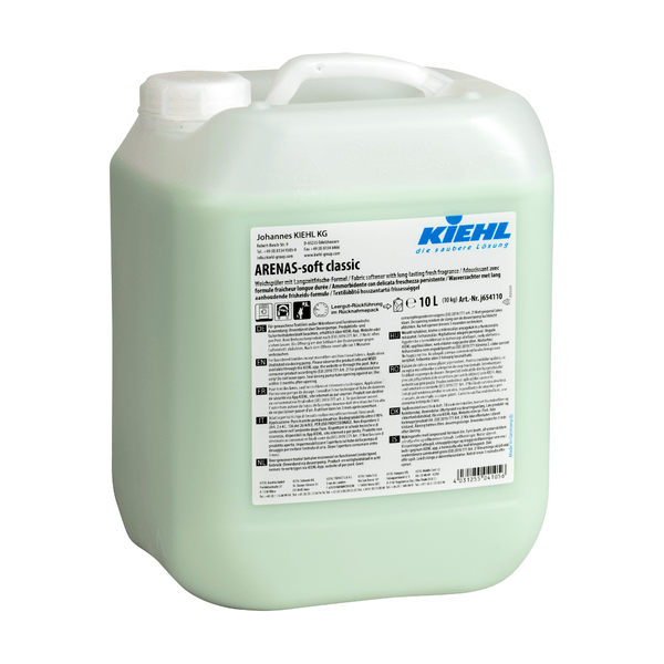 Um recipiente de 10 litros de plástico translúcido com amaciador Kiehl ARENAS-soft da Johannes Kiehl KG, com alça branca, etiqueta detalhada, líquido verde claro visível e fórmula de frescura prolongada para frescura duradoura e roupa macia.