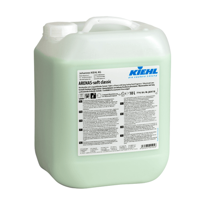 Um recipiente de 10 litros de plástico translúcido com amaciador Kiehl ARENAS-soft da Johannes Kiehl KG, com alça branca, etiqueta detalhada, líquido verde claro visível e fórmula de frescura prolongada para frescura duradoura e roupa macia.