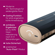 Uma imagem aproximada do dispositivo de depilação IPL Beurer IPL 7800 COOL PRO da Beurer GmbH em preto e dourado. O dispositivo é mostrado de uma perspectiva que destaca o botão de ligar, a função de resfriamento e o modo 'Auto-Flash'. Texto em alemão ao redor do dispositivo descreve sua moderna tecnologia de luz IPL e seus benefícios.