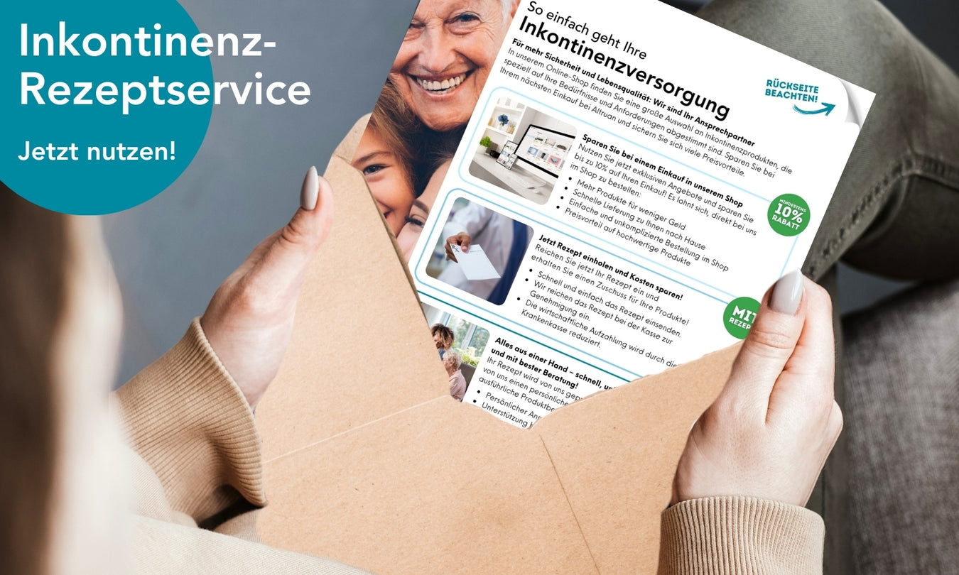 Eine Person hält einen offenen Umschlag mit einer Broschüre über einen Verschreibungsdienst für Inkontinenz. Die Broschüre enthält Text, Bilder und Piktogramme. Im Hintergrund ist ein blaugrüner Kreis mit der Aufschrift "Inkontinenz-Rezeptservice" zu sehen.