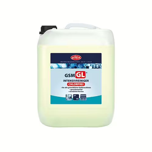 Um grande recipiente de plástico branco com tampa preta e a inscrição "GastroPower Maran GL Limpador de Vidros para GSM, 10 l" da Abena Re-Seller GmbH. Este limpador azul e branco é ideal para gastronomia e máquinas de lavar louça comerciais e oferece uma limpeza intensa sem cloro.