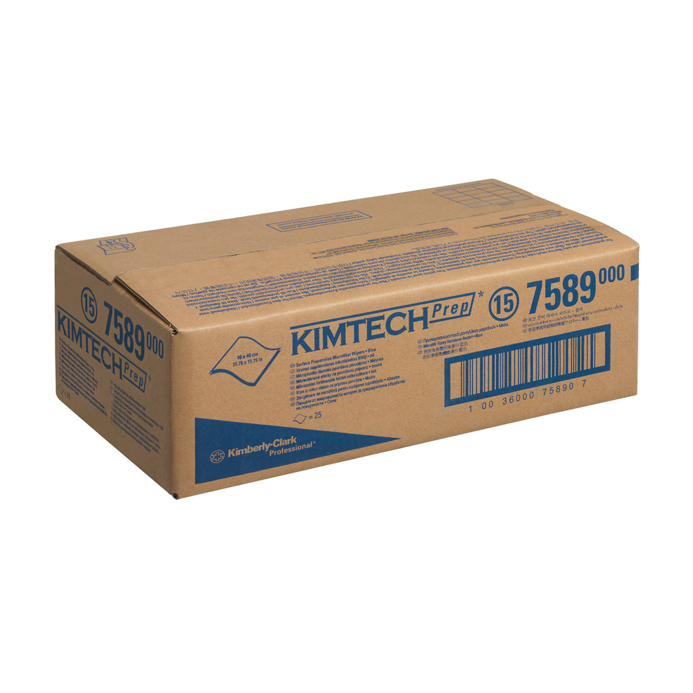 Ein versiegelter brauner Karton mit der Aufschrift "Kimtech® Mikrofaser-Oberflächenwischtücher - Blau" von Kimberly-Clark GmbH, enthält 1 Karton mit 25 Blatt, ideale Reinigungstücher für die industrielle Oberflächenreinigung. Blauer Text und Barcodes erscheinen auf der Verpackung.