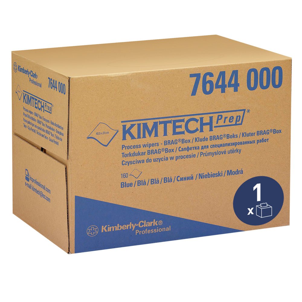 Uma caixa marrom da Kimberly-Clark GmbH com a inscrição "Panos de Limpeza de Processo Kimtech® - BRAG™ Box / Azul" contém 160 panos azuis para limpeza industrial, com informações do produto em vários idiomas na caixa.
