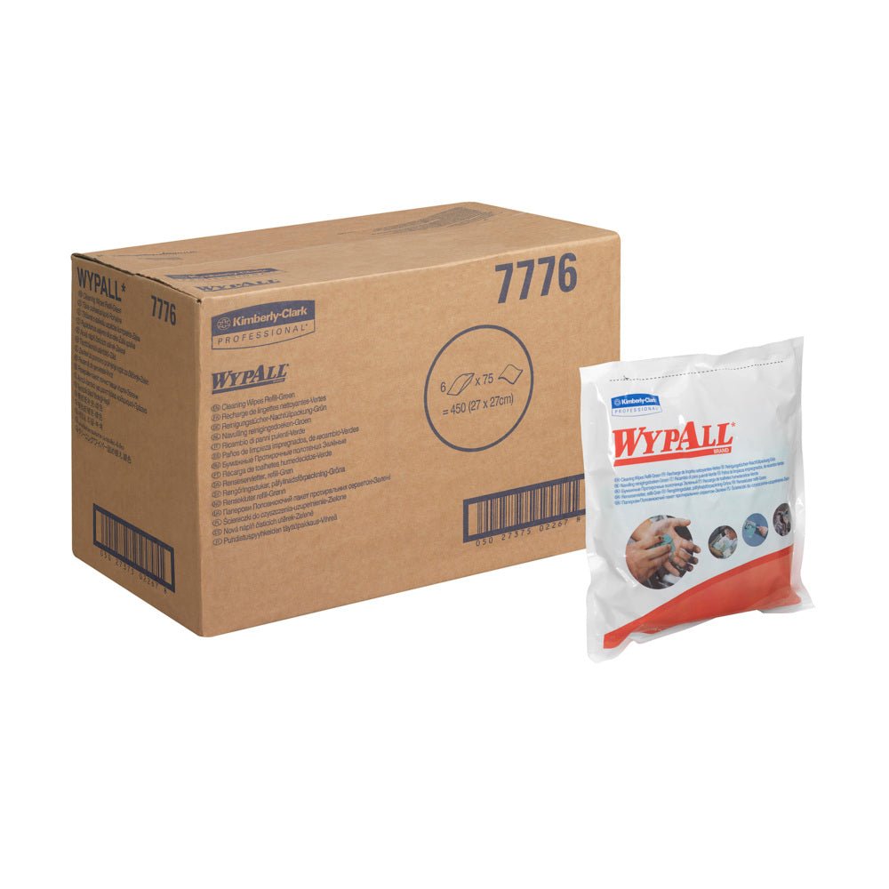 Uma caixa marrom com a inscrição "WypAll 7776" está ao lado de um pacote selado de toalhetes WypAll® - Verde (6 x 75 toalhetes) da Kimberly-Clark GmbH - identificado com nome da marca e aplicação, ideal para limpeza industrial.
