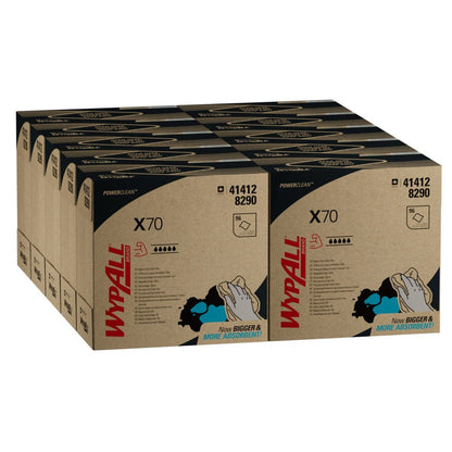Uma pilha de caixas Kimberly-Clark GmbH WypAll® X70 PowerClean - Zupfbox / Azul (10 x 100 folhas por caixa), rotuladas como panos de limpeza profissional, com acentos vermelhos e azuis e informações do produto nos painéis, dispostas em três filas.