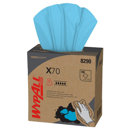Uma caixa com a inscrição "WypAll® X70 PowerClean - Zupfbox / Azul" da Kimberly-Clark GmbH fornece panos de limpeza azuis, mostra informações do produto e uma mão limpando um líquido derramado - ideal para limpeza profissional. Conjunto: 10 x 100 panos por caixa.