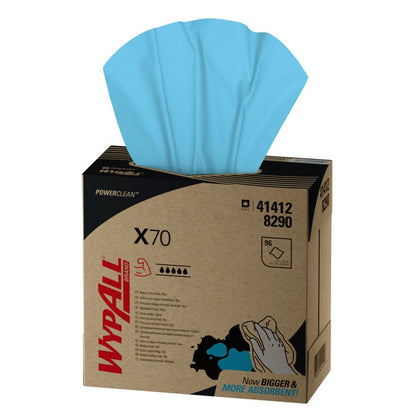 Uma caixa com 10 caixas WypAll® X70 PowerClean Zupfbox, azul, cada uma com 100 folhas, da Kimberly-Clark GmbH. A caixa mostra a marca e detalhes - perfeito para requisitos de limpeza profissional.