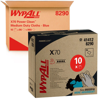 Duas Zupfbox WypAll® X70 PowerClean (Kimberly-Clark GmbH), uma aberta e uma fechada, mostram claramente o nome do produto, a quantidade de 10 x 100 folhas e a marca na sua embalagem azul.