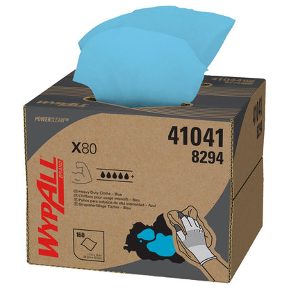 A caixa WypAll® X80 PowerClean BRAG™ da Kimberly-Clark GmbH fornece 160 panos de limpeza industrial azul aço através de uma abertura superior perfurada, com informações do produto e gráficos na caixa (1 caixa).