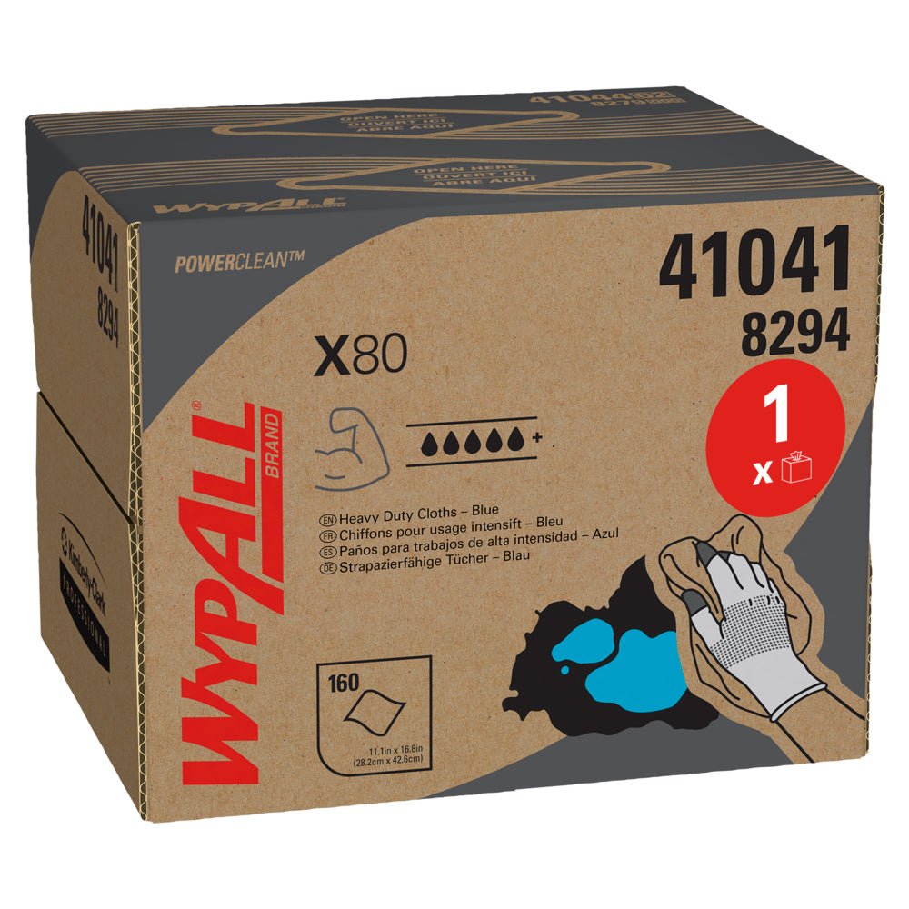 Uma caixa de papelão com WypAll® X80 PowerClean - caixa BRAG™/Azul Aço da Kimberly-Clark GmbH, com detalhes do produto, símbolos e uma ilustração de uma mão com luva usando um pano azul para limpeza industrial (1 caixa x 160 folhas).