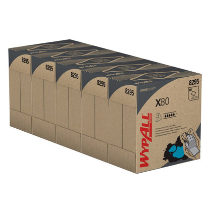 Uma caixa contém 5 caixas de panos de limpeza WypAll® X80 PowerClean (Azul-escuro, 80 folhas/caixa) da Kimberly-Clark GmbH com gráficos de produto em preto, vermelho e azul na embalagem.