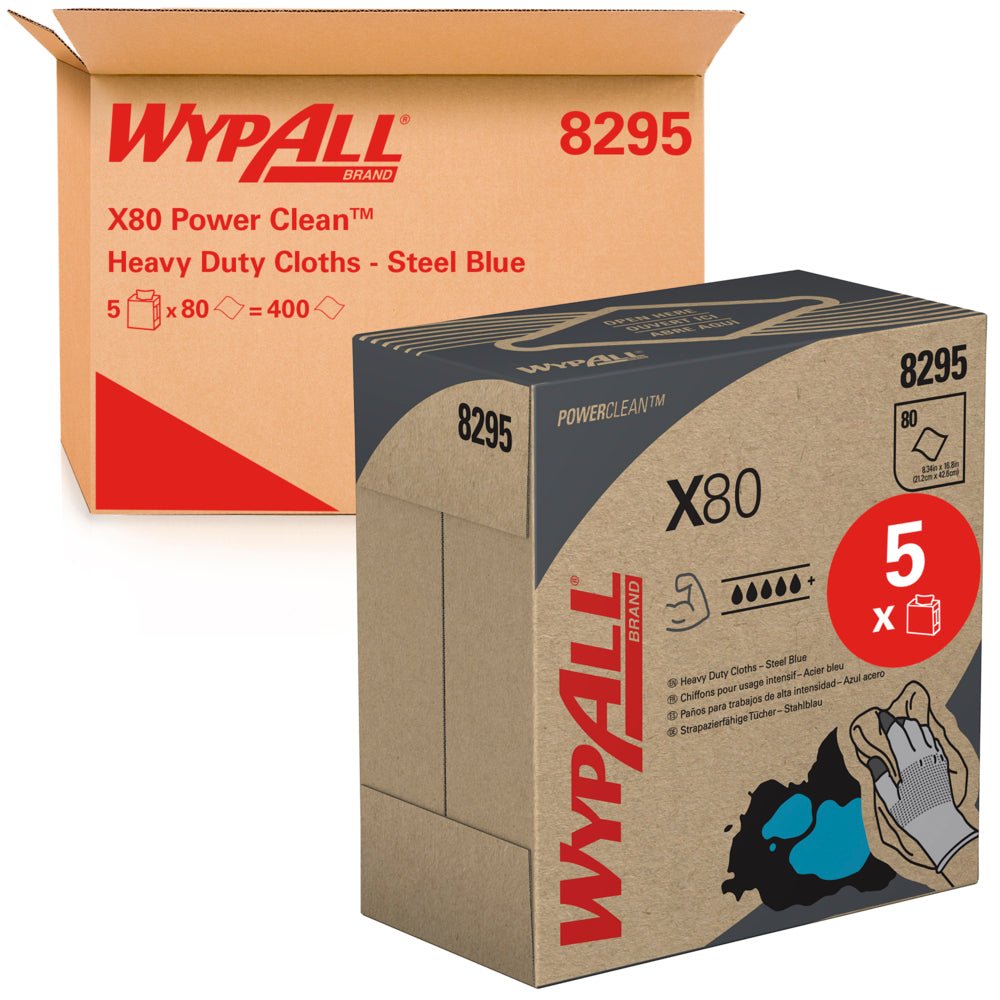 Uma caixa marrom com a inscrição "WypAll® X80 PowerClean - Caixa de Puxar / Azul-escuro" da Kimberly-Clark GmbH está atrás de uma caixa menor correspondente, ambas mostrando detalhes do produto e uma ilustração de panos de limpeza azuis. Contém 5 caixas com 80 folhas cada.