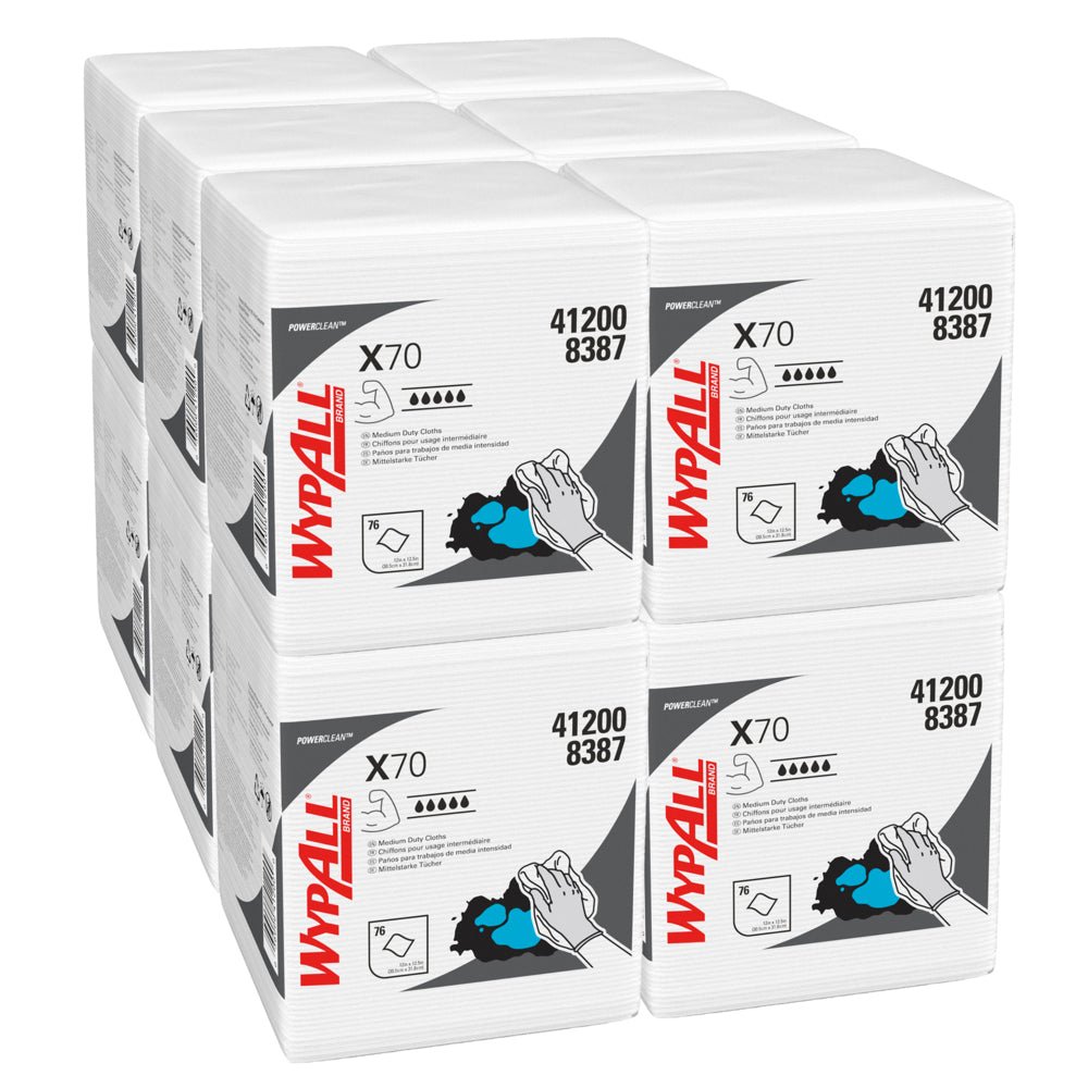 Seis pacotes empilhados de toalhetes de limpeza WypAll® X70 PowerClean (dobrados em quatro, brancos, 12 sacos x 76 toalhetes) da Kimberly-Clark GmbH com nome do produto, número 412008387 e uma ilustração de mão em uso.