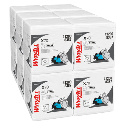 Seis pacotes empilhados de toalhetes de limpeza WypAll® X70 PowerClean (dobrados em quatro, brancos, 12 sacos x 76 toalhetes) da Kimberly-Clark GmbH com nome do produto, número 412008387 e uma ilustração de mão em uso.