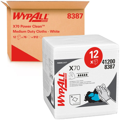 Uma caixa com a inscrição "Kimberly-Clark GmbH WypAll® X70 PowerClean - Dobrado em Quatro / Branco" contém 12 sacos com 76 folhas de toalhetes industriais brancos dobrados com detalhes do produto e símbolos de uso na embalagem.