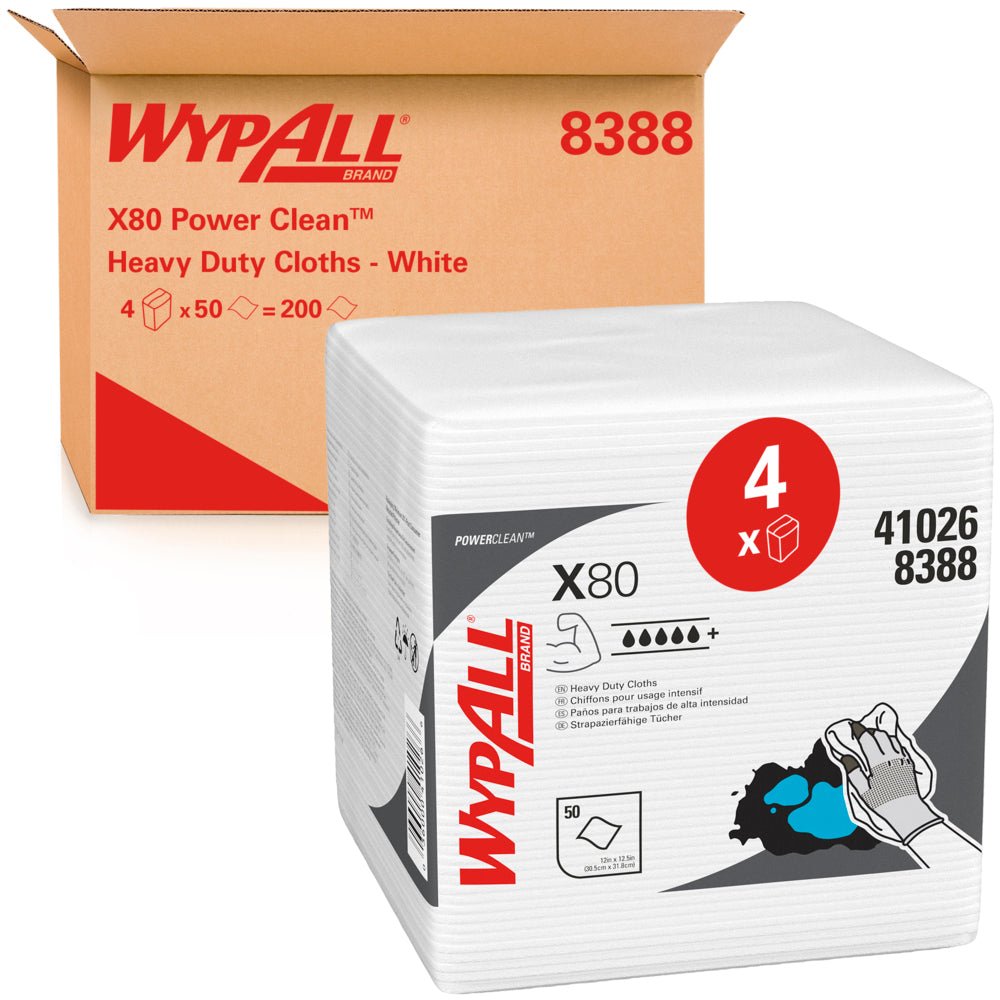 Uma caixa com a inscrição "WypAll® X80 PowerClean - Dobrado em Quarto / Branco - 4 Sacos x 50 Folhas | Caixa (4 Sacos)" da Kimberly-Clark GmbH está posicionada atrás de uma pilha de toalhetes de limpeza com símbolos de aplicação e gráficos de limpeza industrial na sua embalagem.