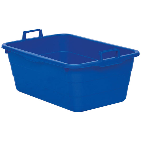 Uma caixa de plástico azul da Novocal (90 litros, 750 x 490 x 310 mm) com duas pegas, uma em cada lado curto. A caixa de arrumação robusta está vazia e é apresentada contra um fundo branco. Marca: Novocal.