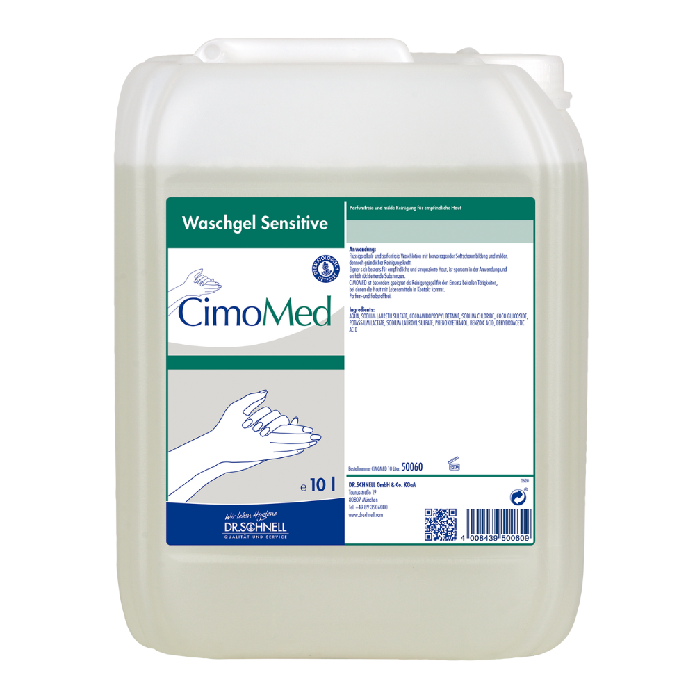 Um recipiente transparente de 10L com a inscrição "Dr. Schnell CIMOMED Gel de Lavar as Mãos, sem fragrâncias e corantes, para limpeza da pele" da DR.SCHNELL GmbH & Co. KGaA com imagens de mãos e instruções detalhadas; ideal para pele sensível.