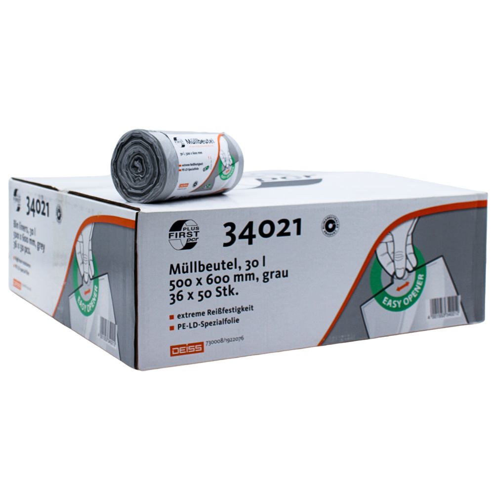Uma caixa de sacos de lixo cinza DEISS First Plus Pcr, na qual está ilustrado um rolo, possui as especificações de 30 litros e 500 x 600 mm de tamanho. Ela contém 36 rolos com 50 sacos cada um. A caixa está adornada com os logotipos da marca EMIL DEISS KG (GmbH + Co.) e um símbolo "Easy Open", que indica a composição de 40% de reciclado pós-consumo, tornando-a uma escolha neutra em carbono.