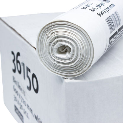 Um rolo de sacos de lixo DEISS LDPE de 60 litros, fabricado por EMIL DEISS KG (GmbH + Co.) para longa durabilidade, é colocado sobre uma caixa branca. O rolo está bem enrolado e na caixa está escrito "36150" junto com um código de barras e outras informações impressas que indicam a capacidade de 60 litros.