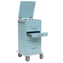 Der Novocal Laptopwagen mit absenkbarer Laptop-Ablage (1 Stück) in hellblau verfügt über vier Schubladen (eine davon teilweise geöffnet), ein aufklappbares oberes Fach, Metallgriffe, Rollen für Mobilität und eine absenkbare Laptop-Ablage.