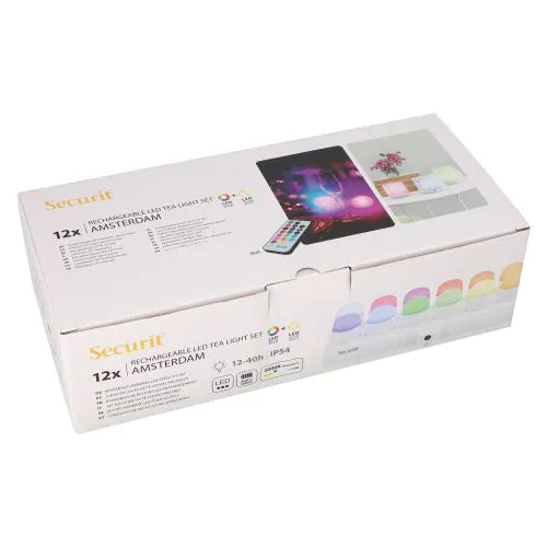 Papstar Luzes de chá LED Securit® 12 incl. estação de carregamento Ø 4 cm x 5 cm Tempo de iluminação "Amsterdam" 12-40 horas