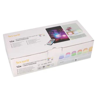 Papstar Luzes de chá LED Securit® 12 incl. estação de carregamento Ø 4 cm x 5 cm Tempo de iluminação "Amsterdam" 12-40 horas