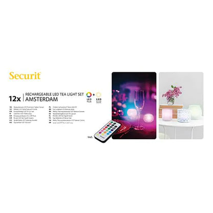 Papstar Luzes de chá LED Securit® 12 incl. estação de carregamento Ø 4 cm x 5 cm Tempo de iluminação "Amsterdam" 12-40 horas