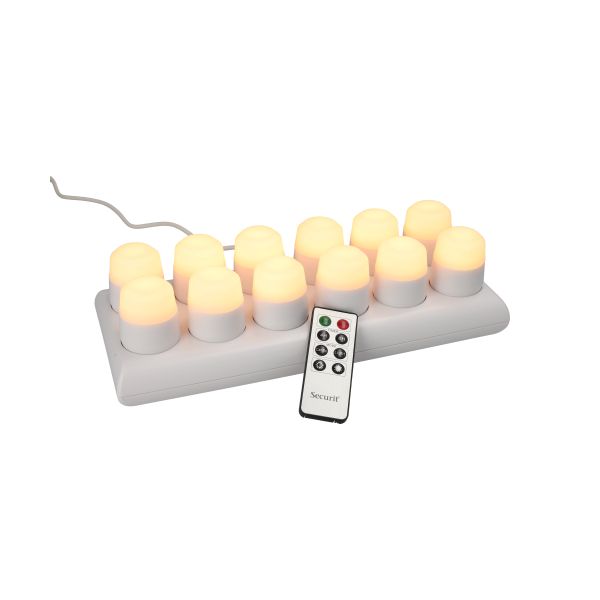 Papstar Luzes de chá LED Securit® 12 incl. estação de carregamento Ø 4 cm x 5 cm Tempo de iluminação "Amsterdam" 12-40 horas