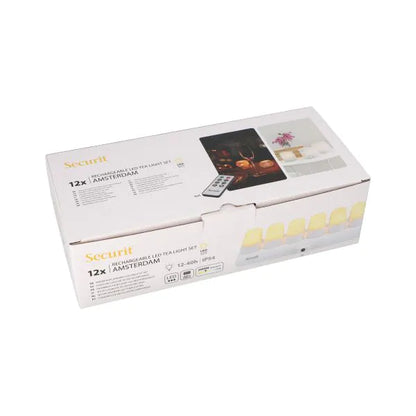 Papstar Luzes de chá LED Securit® 12 incl. estação de carregamento Ø 4 cm x 5 cm Tempo de iluminação "Amsterdam" 12-40 horas