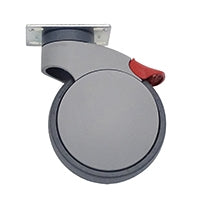 Die Novocal Leichtlauflenkrolle Kunststoff mit Doppelstopp Ø 125 mm, ideal für Pflegewagen, verfügt über eine graue Lenkrolle mit flacher Oberplatte und rotem Bremshebel. Marke: Novocal. Abgebildet vor weißem Hintergrund. Verpackung: 1 Stück.