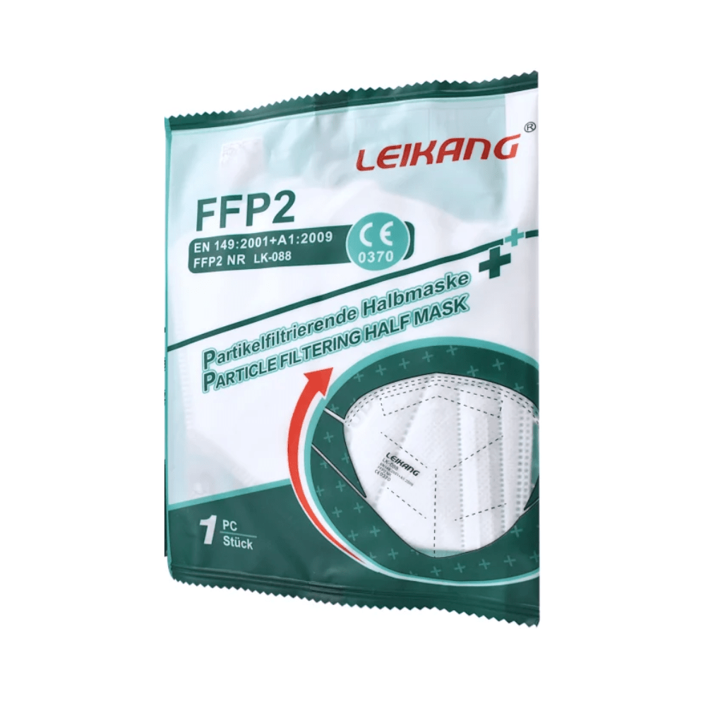 A imagem mostra uma embalagem selada da máscara respiratória Leikang® FFP2 NR, sem válvula (1 unidade). A embalagem de artigo descontinuado branco-verde exibe informações do produto, certificações e uma janela transparente que mostra a máscara dobrada no interior.
