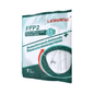 A imagem mostra uma embalagem selada da máscara respiratória Leikang® FFP2 NR, sem válvula (1 unidade). A embalagem de artigo descontinuado branco-verde exibe informações do produto, certificações e uma janela transparente que mostra a máscara dobrada no interior.