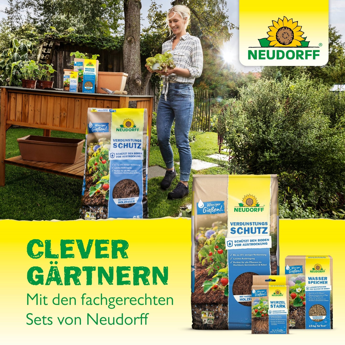 Uma mulher está num jardim segurando uma alface na mão. Ao lado dela está o conjunto de proteção de árvores do Neudorff Shop. Em primeiro plano, estão várias embalagens da Neudorff, o slogan "Jardinar com inteligência" e o logotipo da Neudorff.