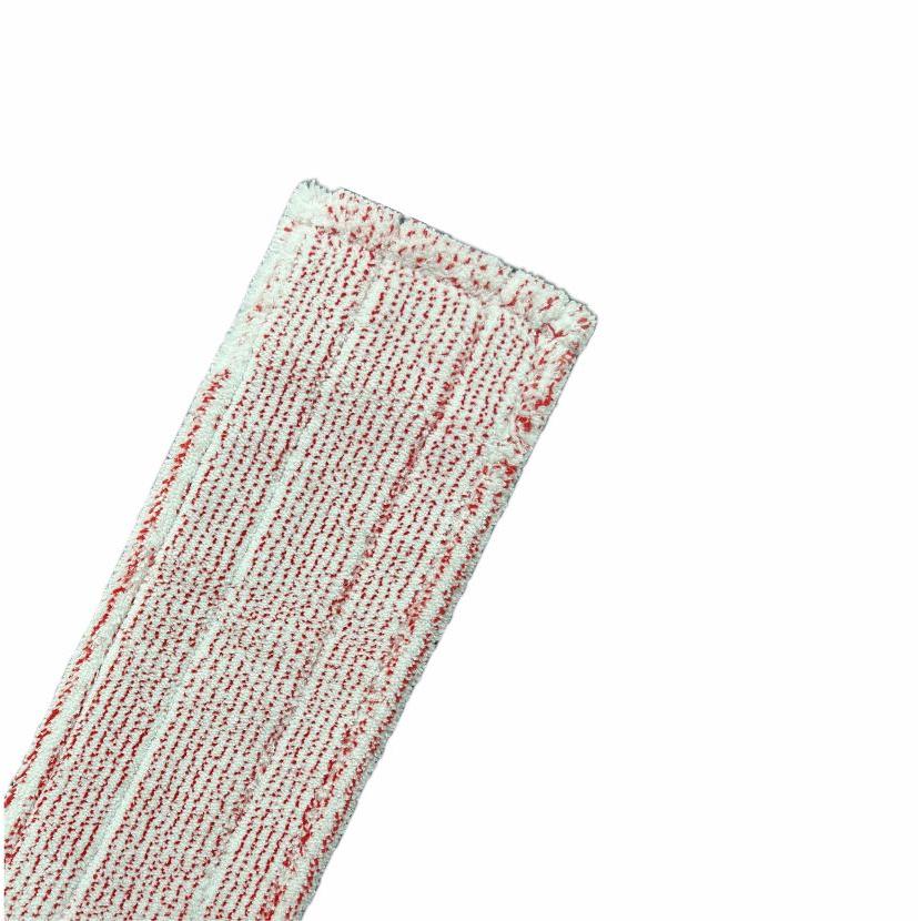 Eine Nahaufnahme des Arcora Excellent Red-White Db-Fc Mopp Mit Farbcodierung Und Deckblatt von Arcora International GmbH, mit roten und weißen Streifen und Randnähten, perfekt für die Farbcodierung in Reinigungsmopp-Systemen.