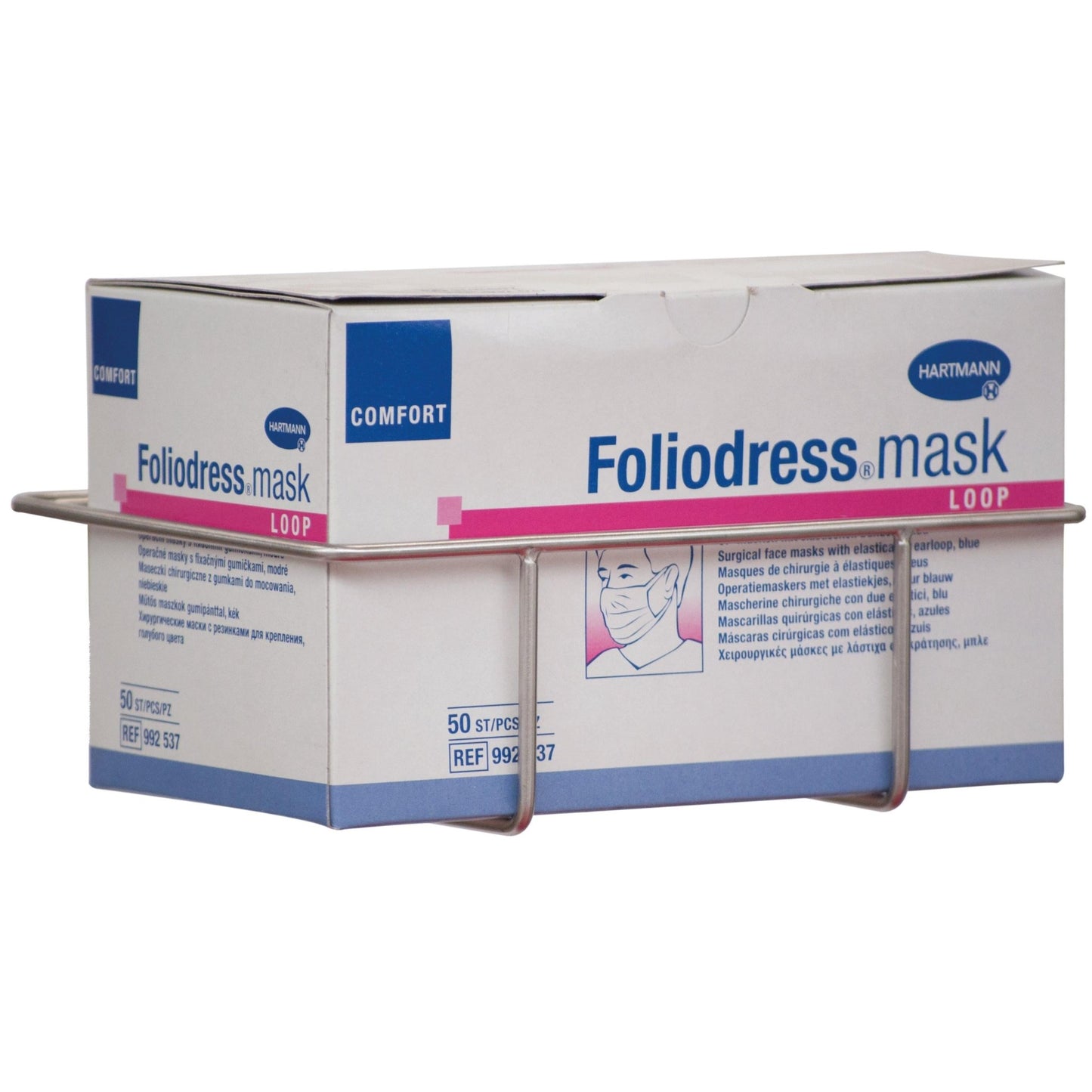 Um suporte de parede em aço inoxidável para caixa de máscara Novocal (198 x 136 x 65 mm) segura uma caixa de "Foliodress mask LOOP" com 50 máscaras cirúrgicas, que mostra texto e um desenho de uma pessoa mascarada.