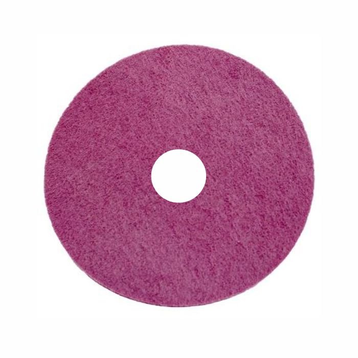 O Arcora Maroon Heavy Duty Stripper-Pad da Arcora International GmbH é um pad redondo, plano e rosa com um furo central para limpeza de chão sem produtos químicos, úmida ou seca, e renovação de filmes de manutenção. Representado sobre um fundo branco.