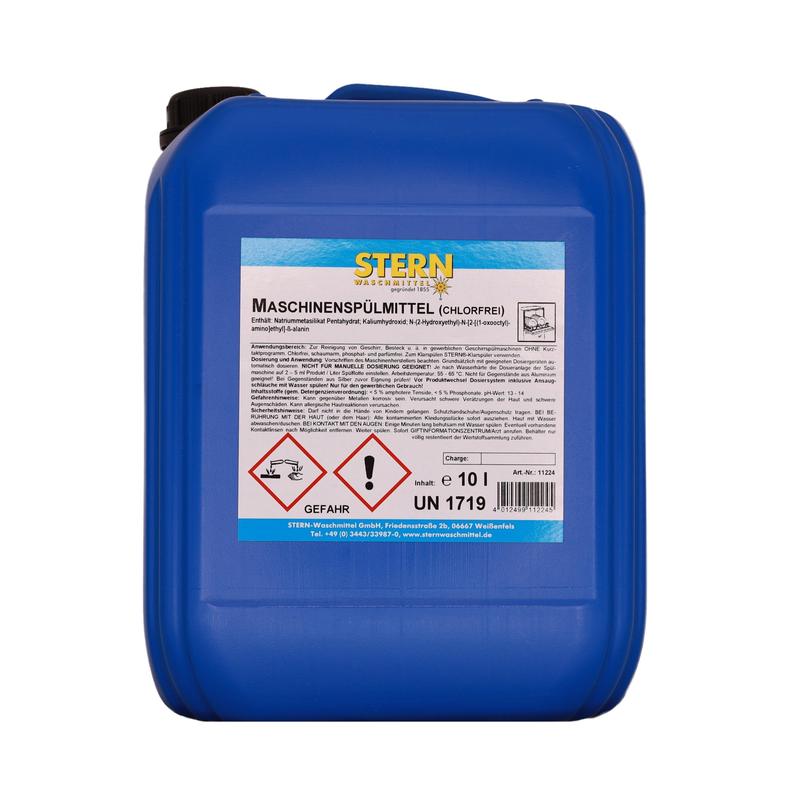 Um bidão de plástico azul de 10L com a inscrição "STERN Detergente para Máquinas OC" da Stern Waschmittel GmbH, sem cloro e marcado com símbolos de perigo, ideal para restauração e cozinhas industriais como detergente industrial para loiça.
