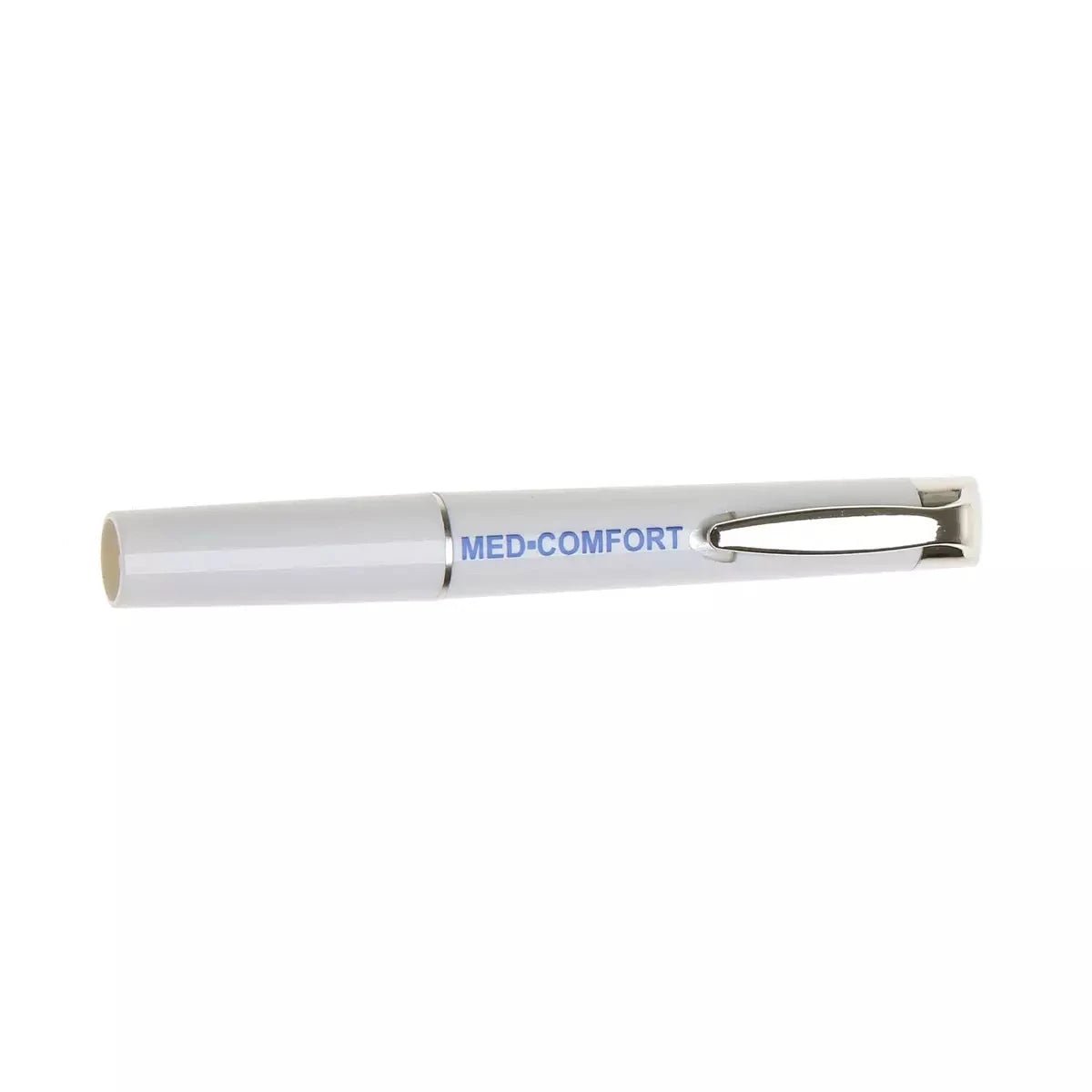 A luz de diagnóstico Med-Comfort da AMPri Handelsgesellschaft mbH é uma luz de diagnóstico branca em forma de caneta com baterias de longa duração e um clipe de metal - ideal para profissionais de saúde - em um fundo branco simples.