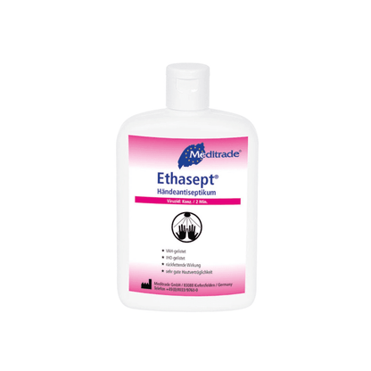 Uma garrafa de desinfetante para as mãos Meditrade Ethasept® da Meditrade GmbH com um rótulo branco e rosa. O produto deve conter 70% de álcool, ser suave para a pele e ter efeito antibacteriano.