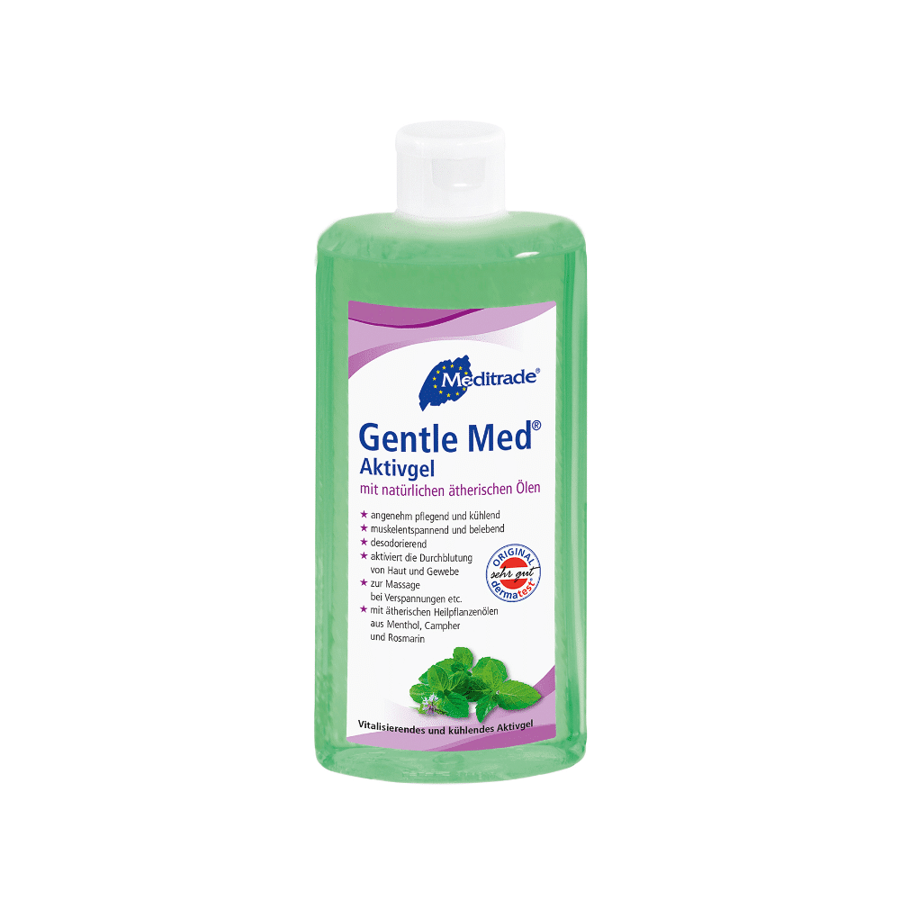 Uma garrafa de 500 ml de Meditrade Gentle Med® Aktivgel da Meditrade GmbH, que contém um gel verde refrescante enriquecido com óleos essenciais naturais como mentol e alecrim. O rótulo alemão é complementado por uma tampa branca de fecho fácil.