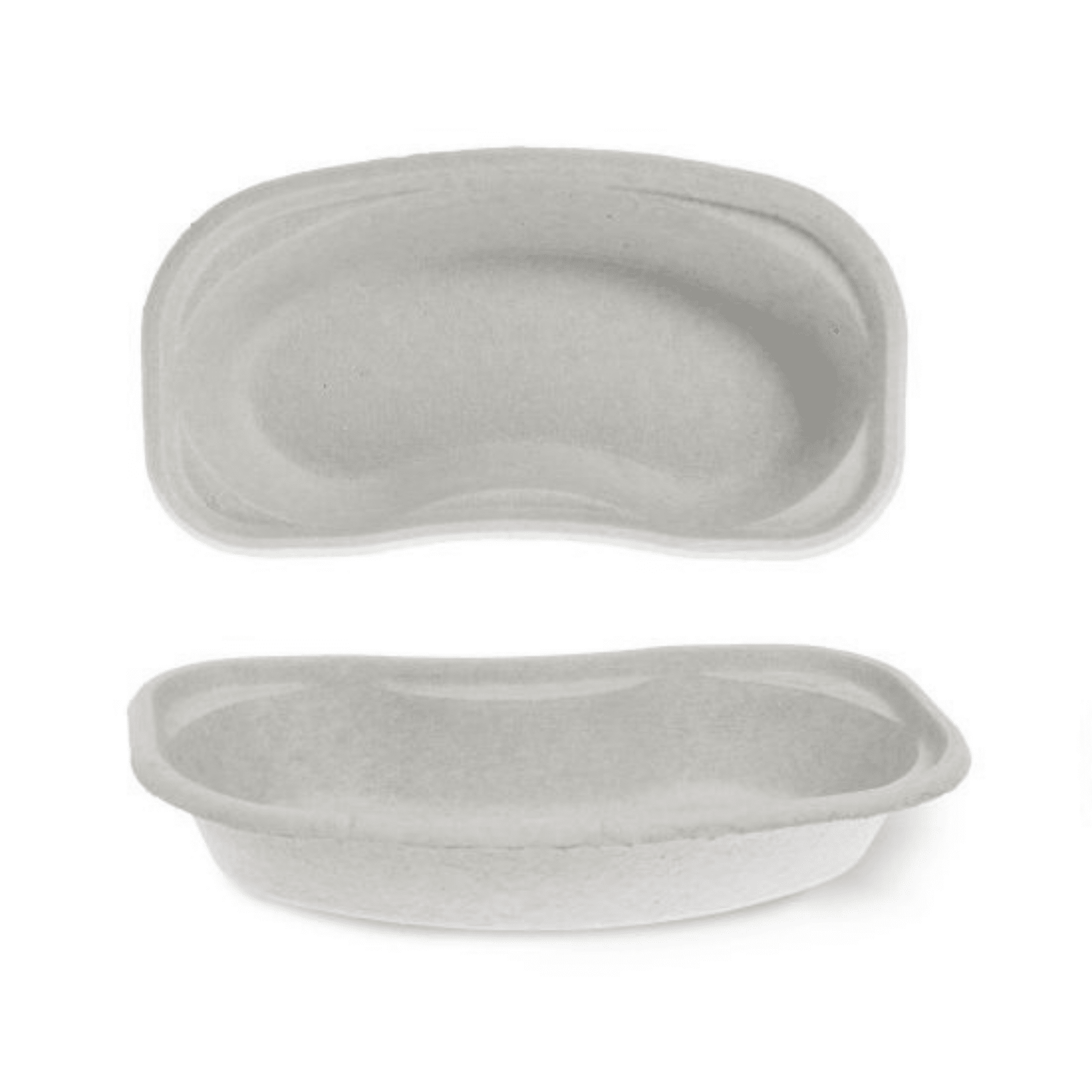 Zwei Meditrade BeeSana® Nierenschale Pappe Einwegschalen aus Papierbrei auf weißem Hintergrund, eine von oben und die andere von der Seite betrachtet.