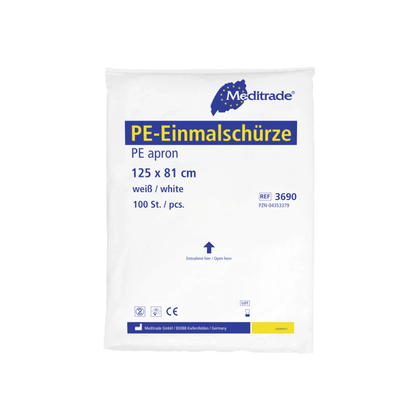 Um pacote de aventais descartáveis Meditrade PE brancos, 125 x 81 cm, com 100 unidades. A embalagem contém a marca e detalhes do produto da Meditrade GmbH.